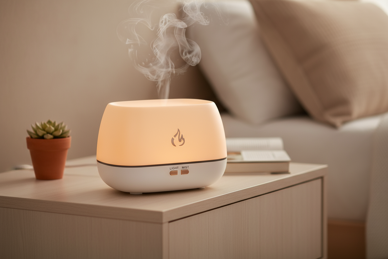 Humiflame LED Flame Aroma Diffuser in elegant home setting